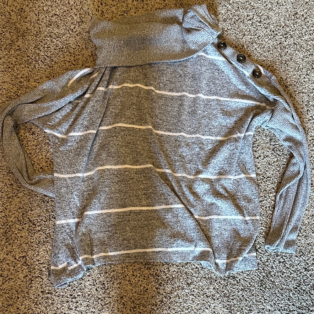Gray Striped Turtleneck Sweater with Buttons